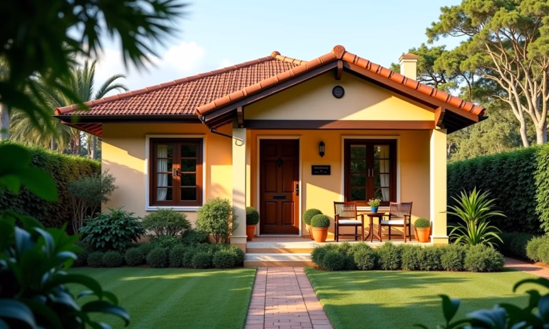 Fachada charmosa de casa térrea pequena com jardim exuberante.