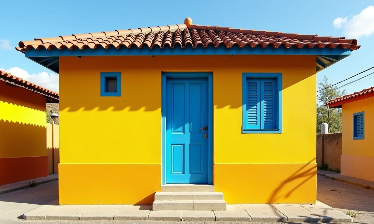 Fachada de casa térrea pintada com cores vibrantes.