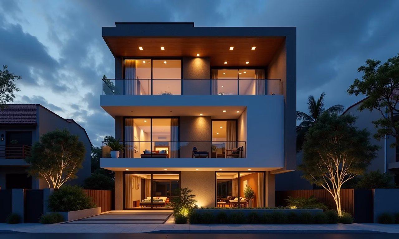 Fachada de prédio moderno com iluminação suave e recursos de segurança visíveis.