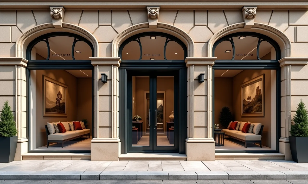 Fachada elegante de loja com pedras naturais.