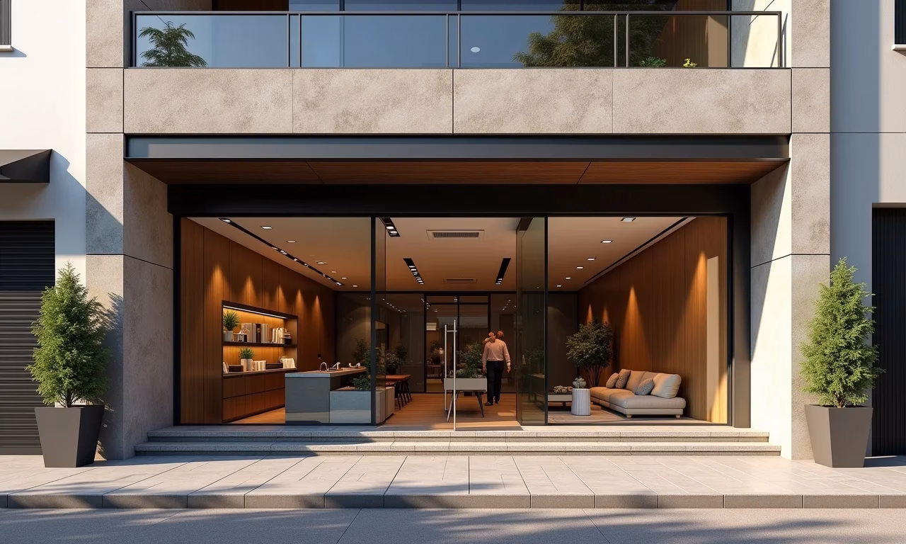 Fachada moderna de loja com revestimentos diversos.