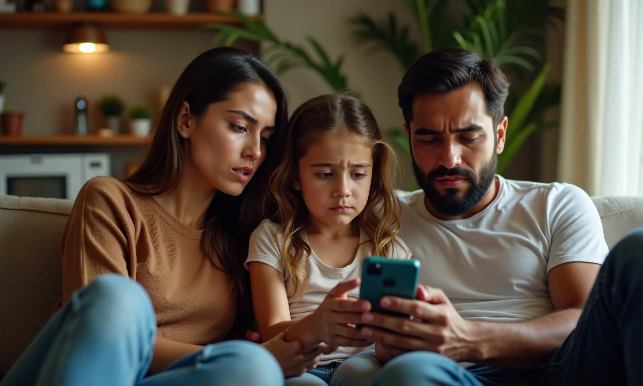 Família preocupada ao receber notificação de alarme.