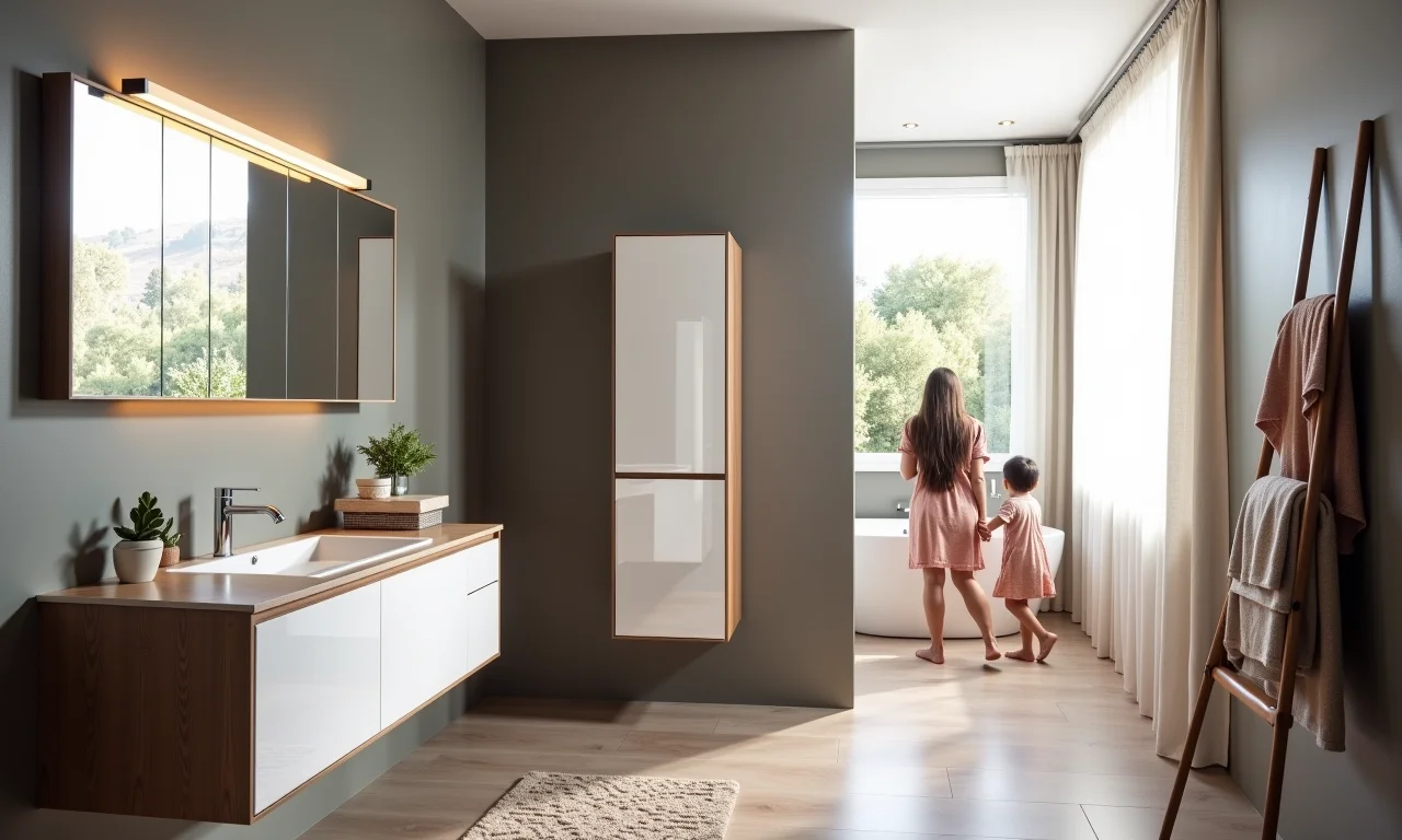 Família usando banheiro com armário de chão MGM Móveis.