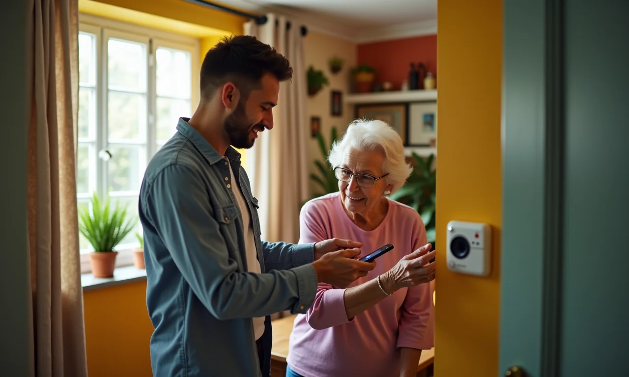 Familiar instalando facilmente o botão de pânico para idoso.
