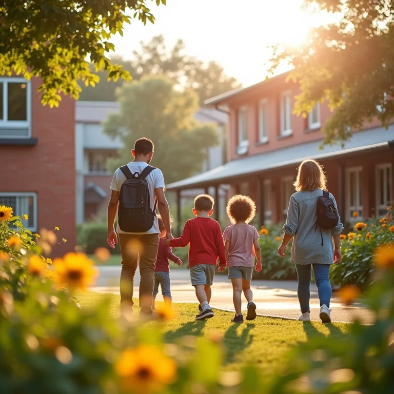 Famílias interagindo em pátio de escola revitalizado, fortalecendo o vínculo com a comunidade.