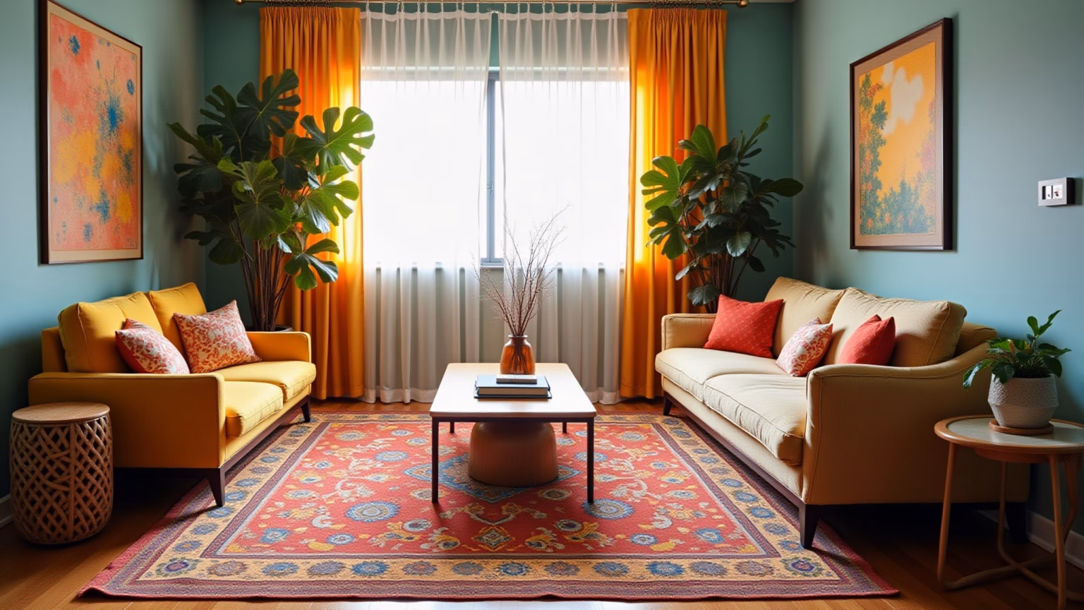 Sala de estar vibrante com tapete estiloso e design brasileiro.