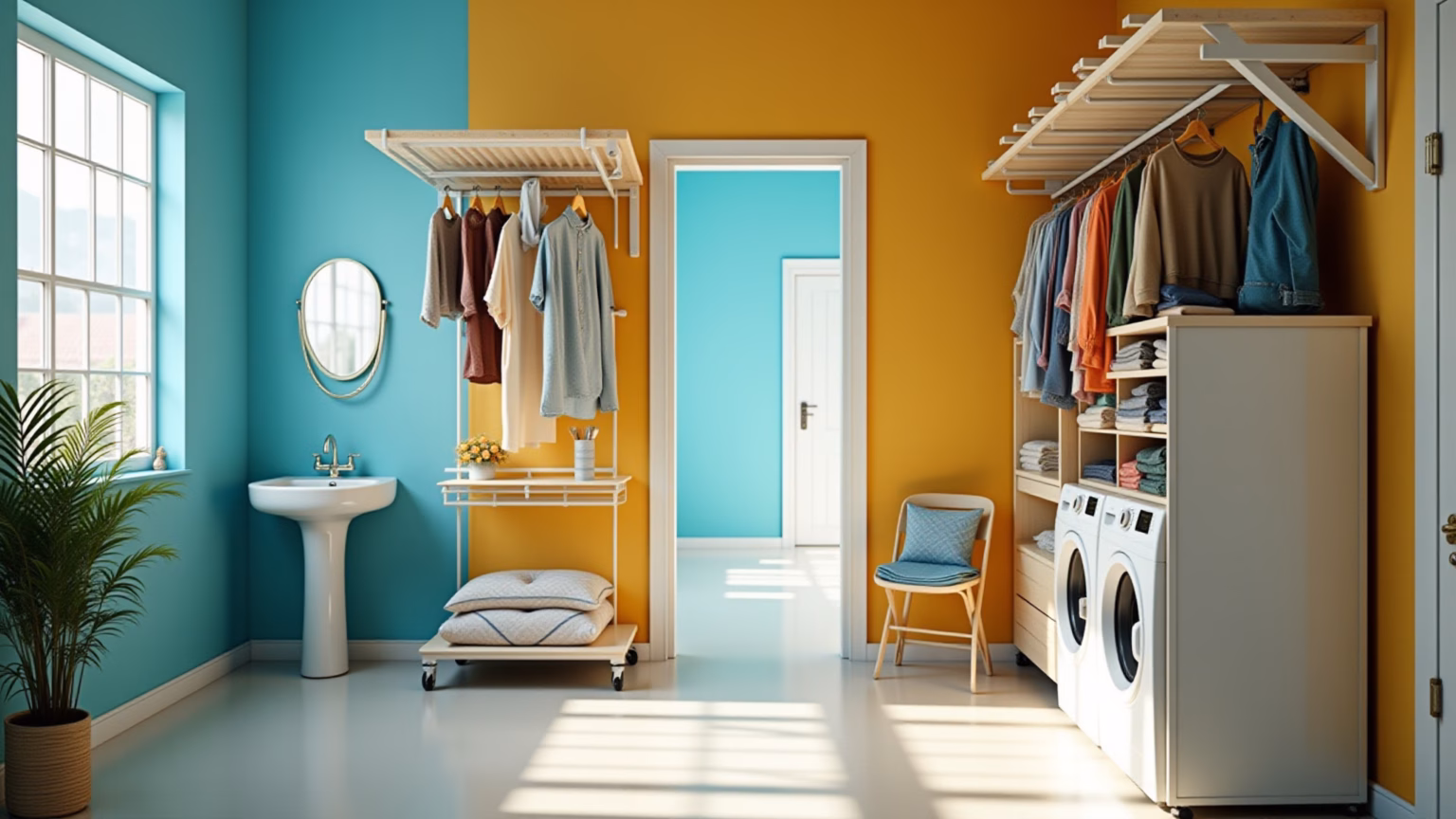 Varal de Teto ou de Chão: Qual o Melhor Para Você Lavanderia brasileira com varal de teto e varal de chão.