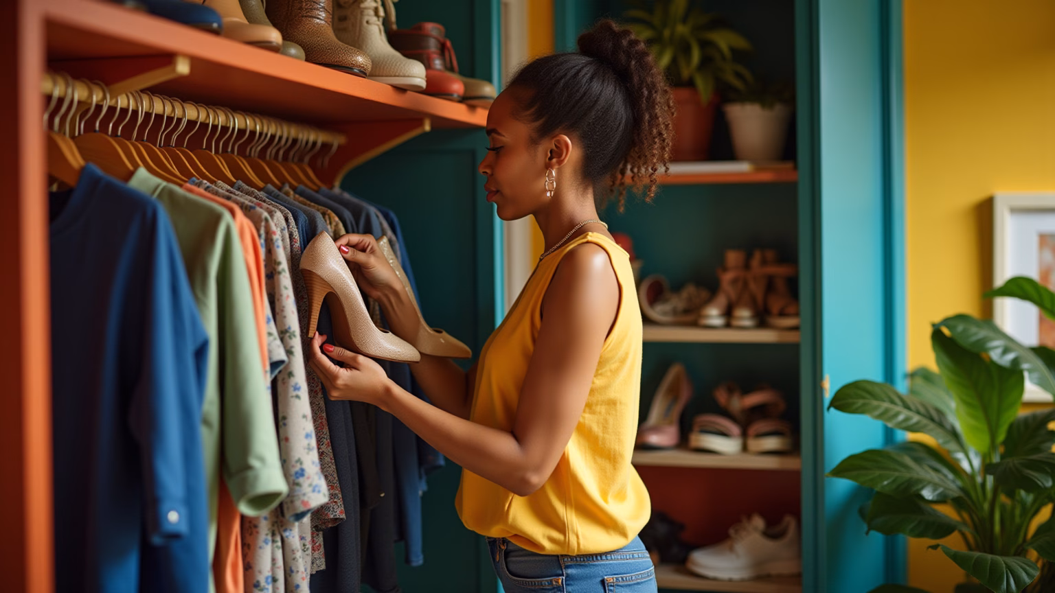 Mulher organizando sapatos em sapateira colorida e vibrante.