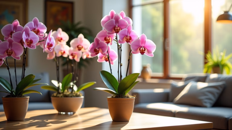 Sala de estar iluminada decorada com orquídeas vibrantes em vasos estilosos.