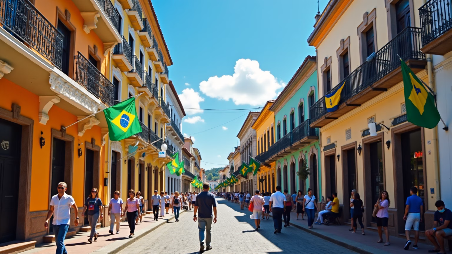 Rua principal de Joinville, arquitetura vibrante e pessoas sorrindo.