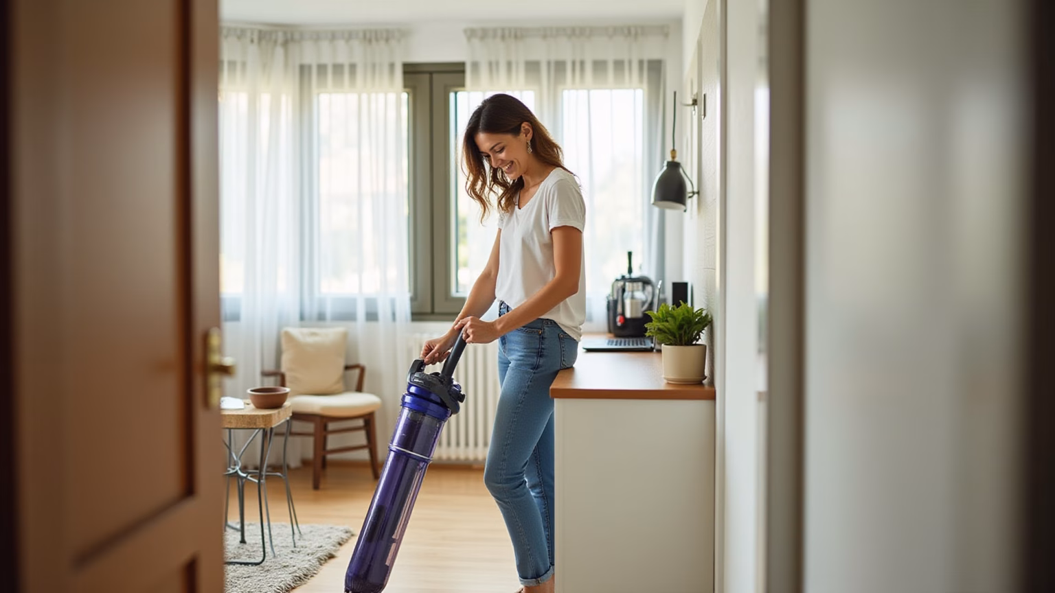 Mulher sorrindo aspirando apartamento pequeno com aspirador vertical.