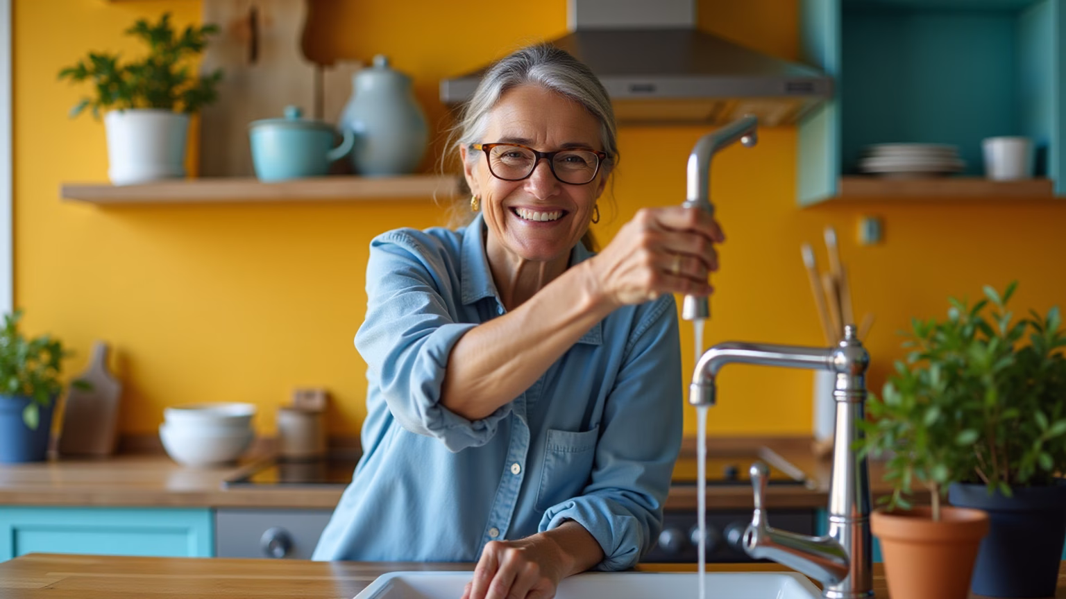 Mulher sorrindo consertando vazamento na torneira da cozinha.