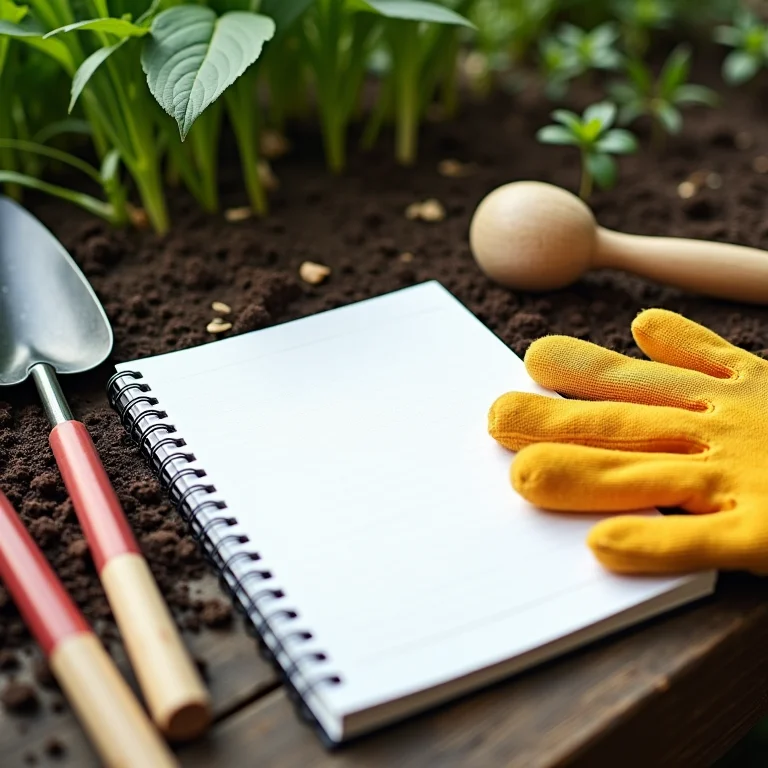 Ferramentas de jardinagem e um caderno para anotações