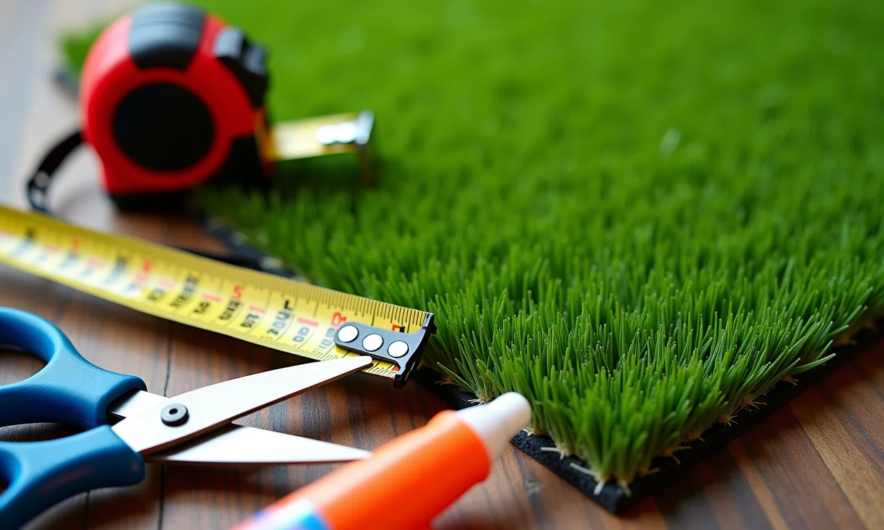 Ferramentas e materiais para instalar grama sintética na varanda.