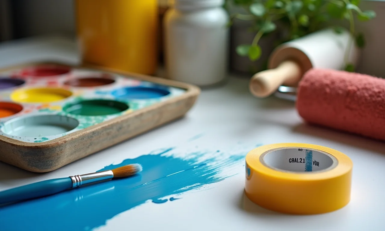 Ferramentas essenciais para pintar o rodapé: pincel, rolo e fita crepe.