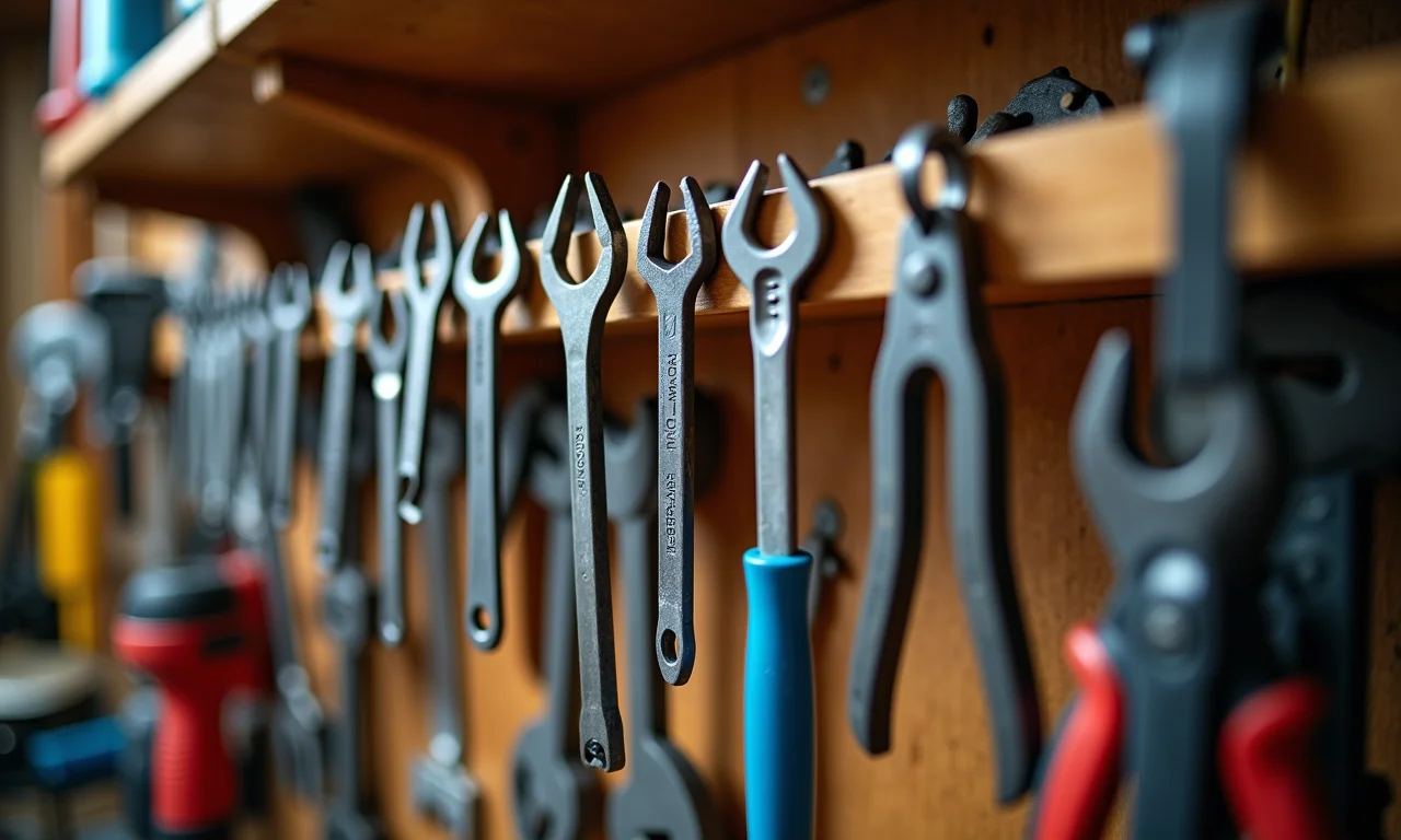 Ferramentas suspensas otimizando espaço pequeno.