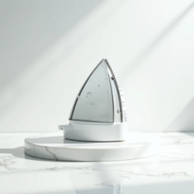 Ferro de passar impecavelmente limpo sobre mármore branco.