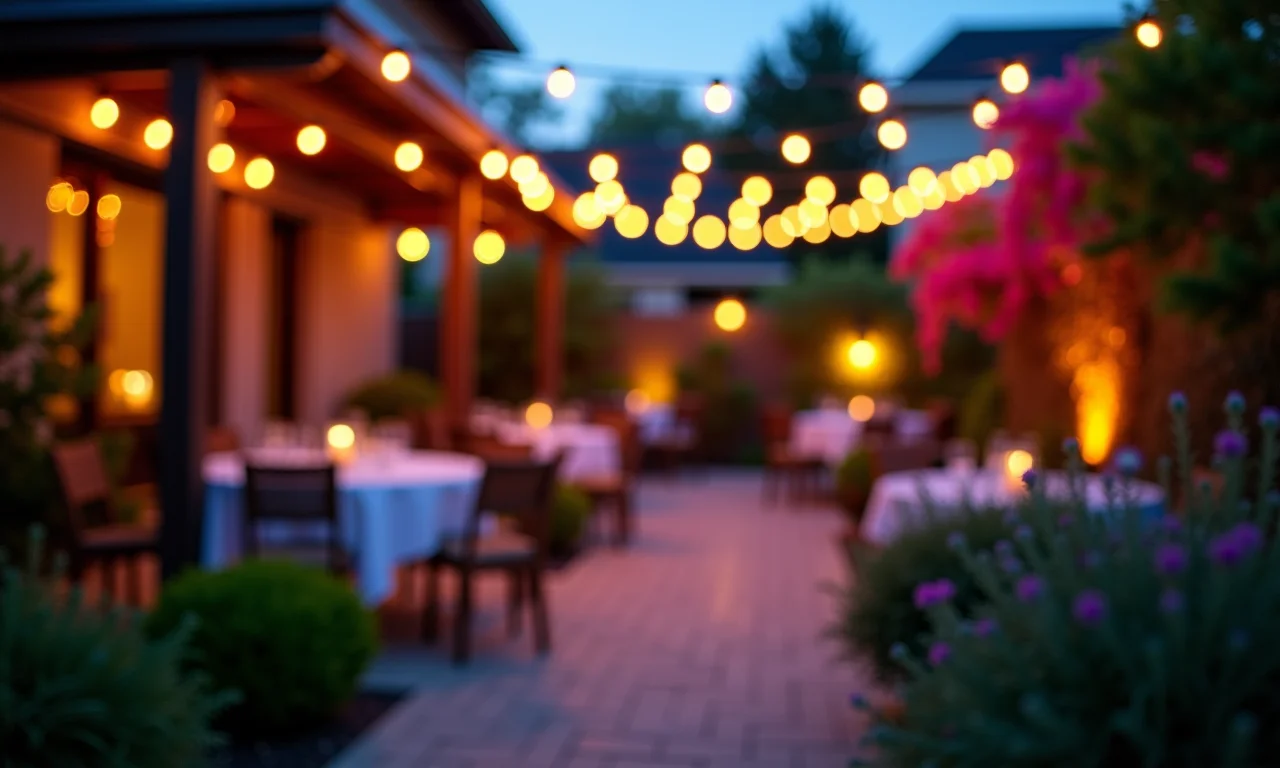 Festa no jardim com luzes coloridas criando uma atmosfera festiva.