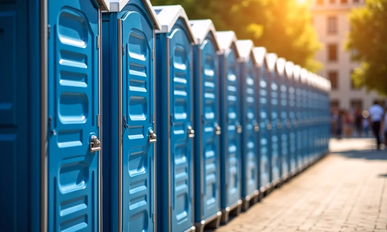 Fileira de banheiros químicos em evento ao ar livre.