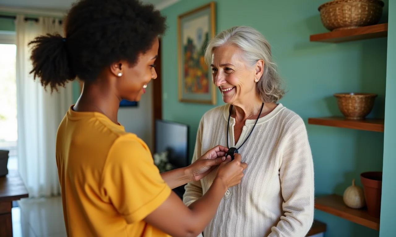 Filha auxiliando a mãe idosa com o colar de detecção de queda.