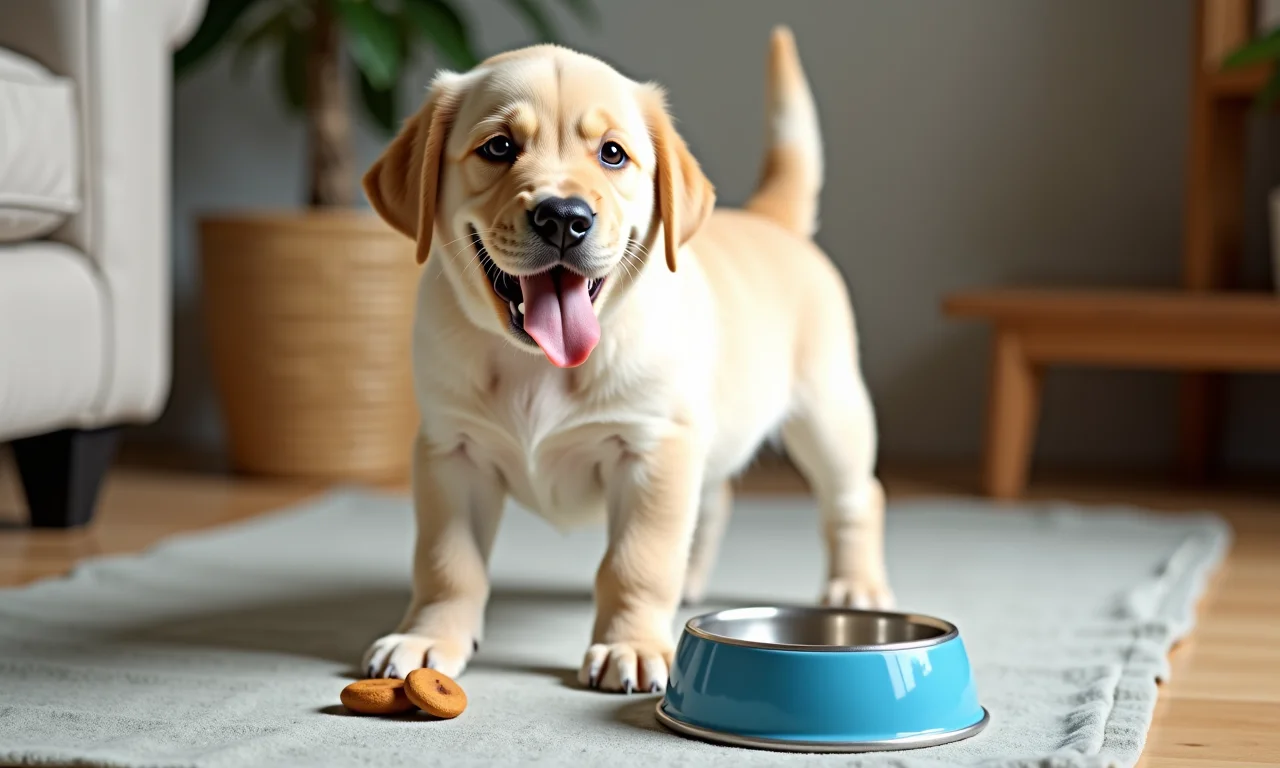 Filhote de labrador feliz em tapete higiênico com água e petiscos.
