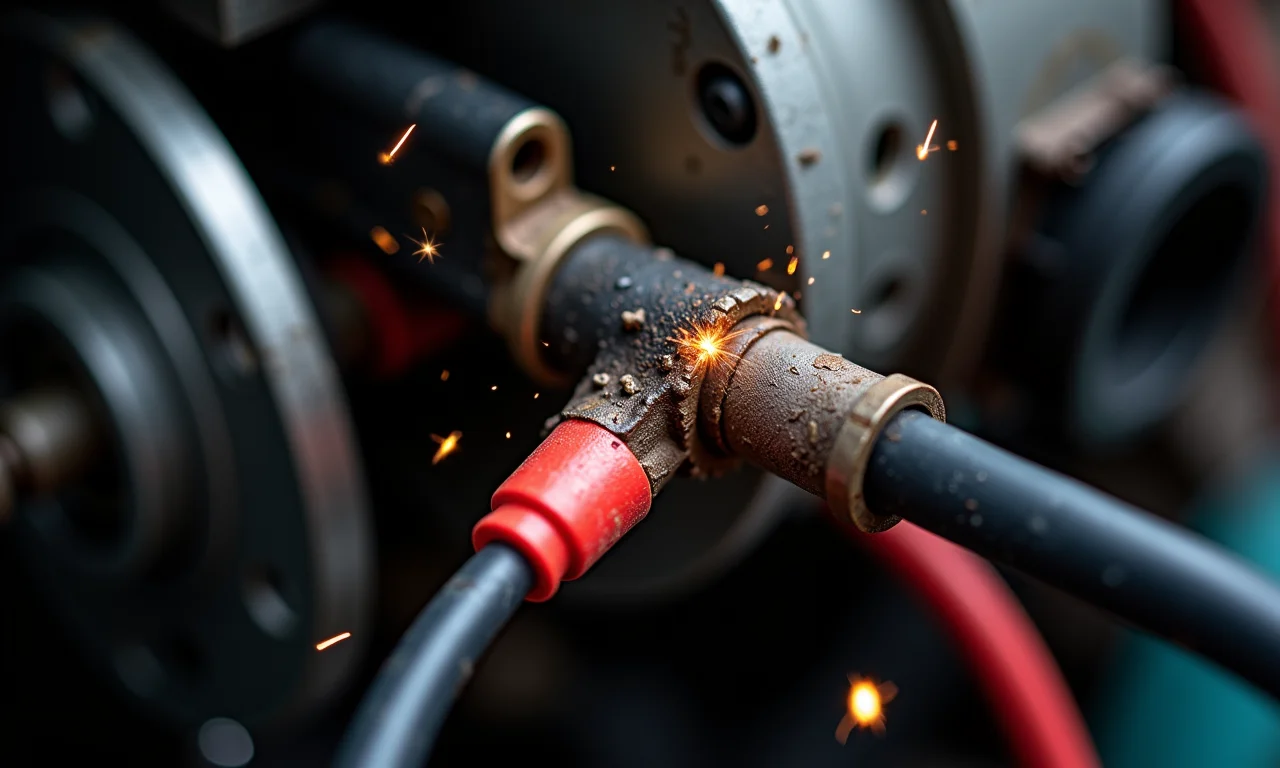 Fios elétricos danificados conectados a um motor.