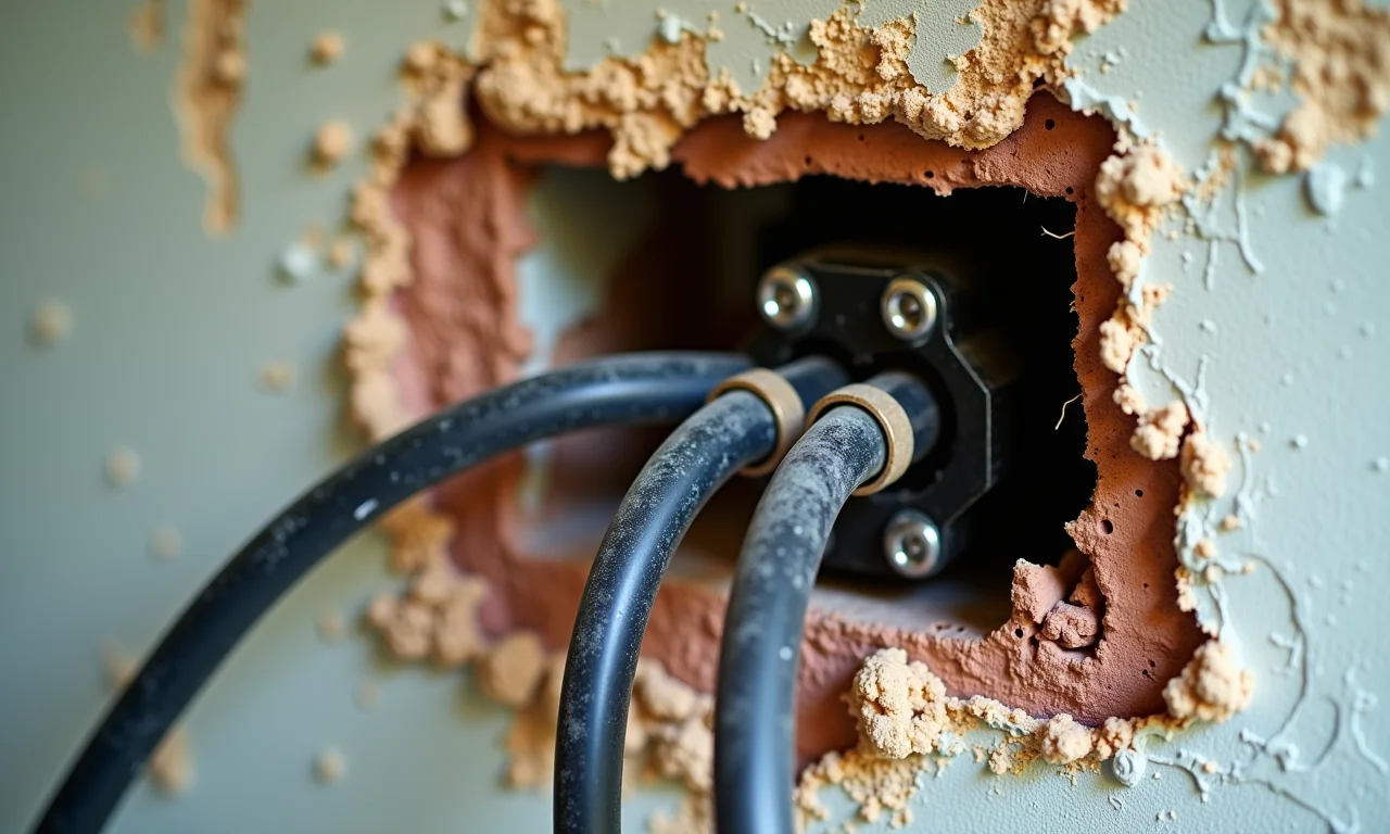 Fios elétricos expostos e danificados na parede.