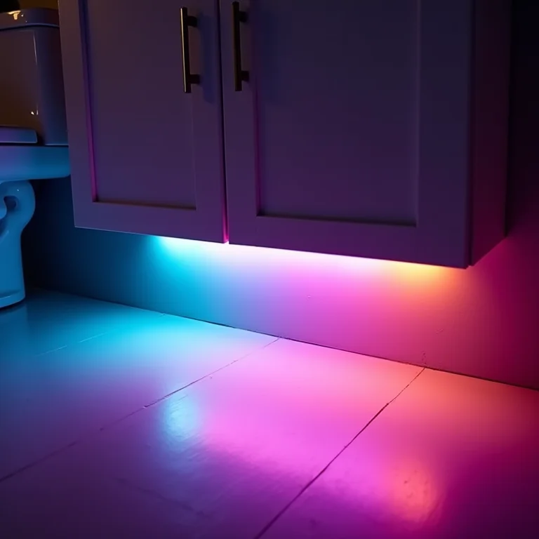 Fita de LED RGB adesiva sob o gabinete do banheiro com cores vibrantes.