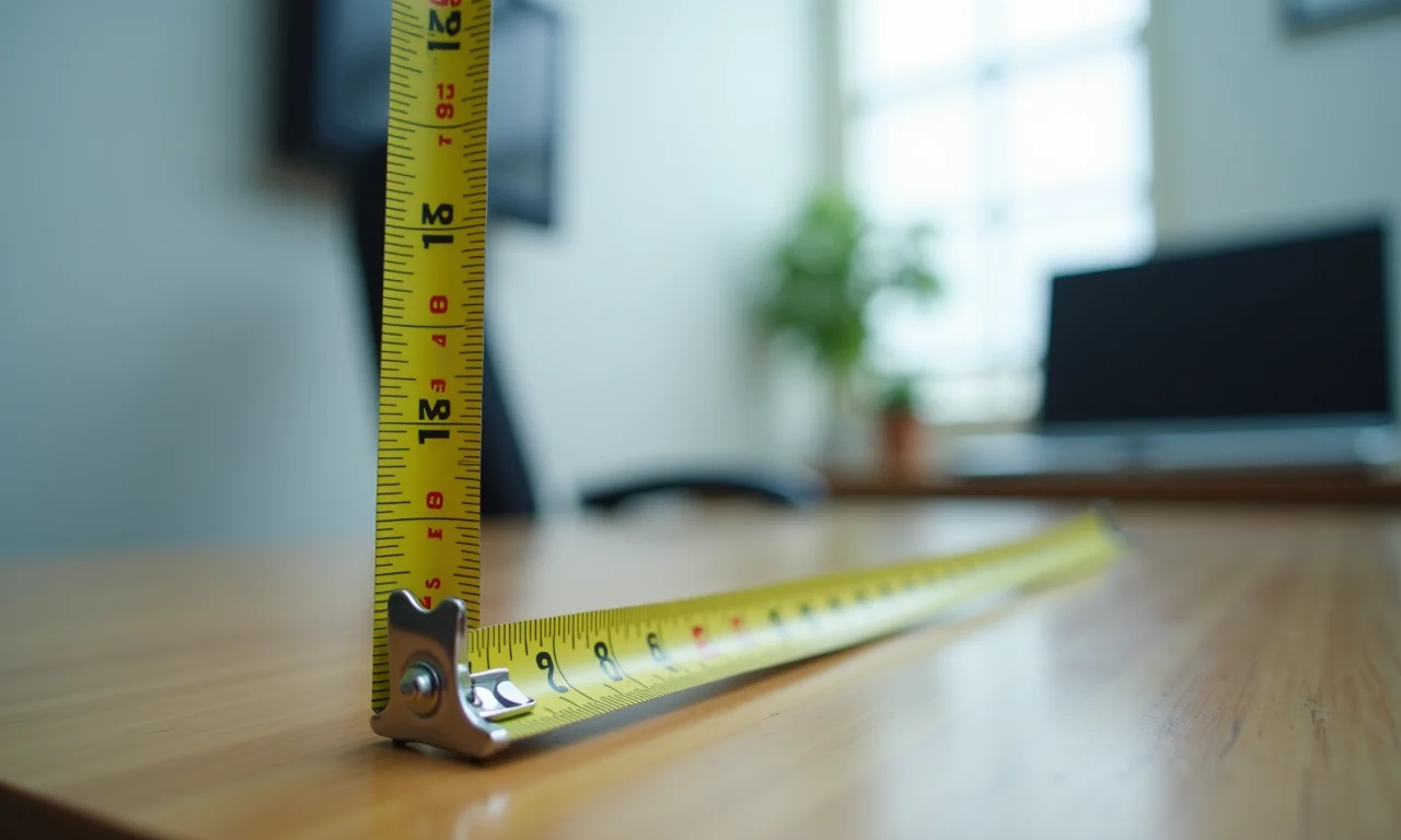 Fita métrica mostrando as dimensões de uma mesa em consultório.