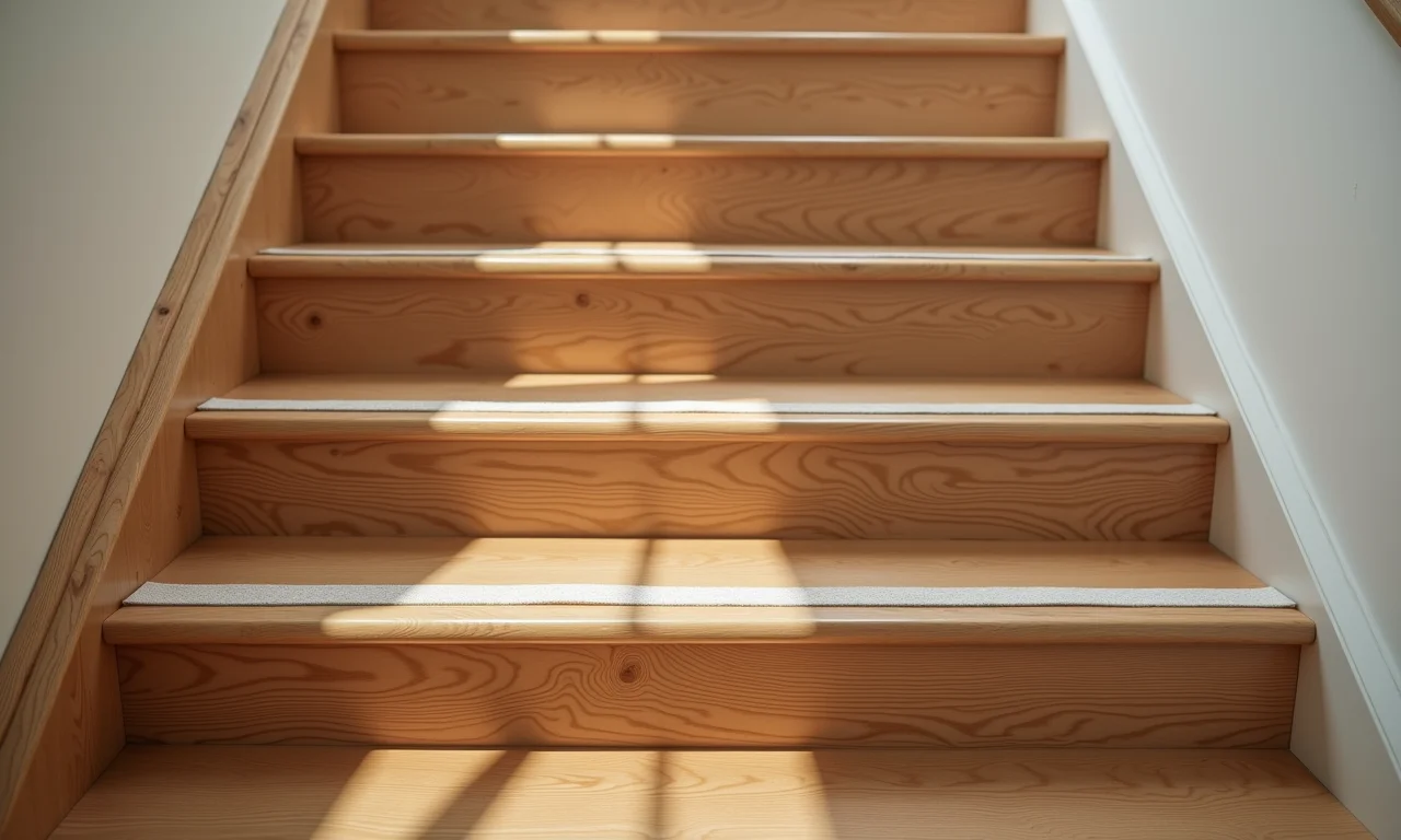 Fitas antiderrapantes instaladas em escada de madeira, segurança garantida.
