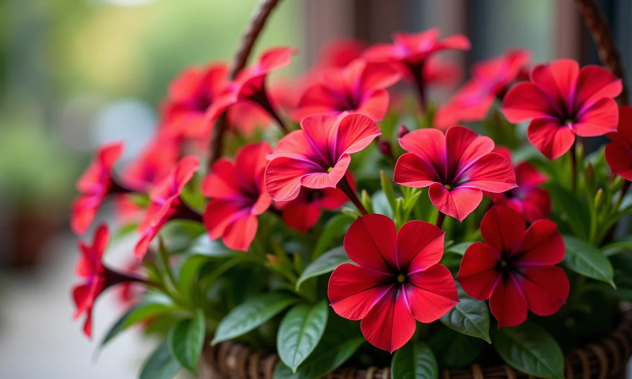 Flores de Impatiens vibrantes em um cesto pendurado, transbordando de flores.