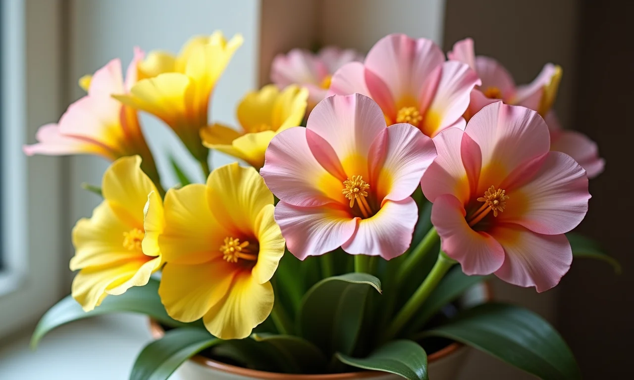 Flores de prímula em várias cores, arranjadas em um vaso decorativo.