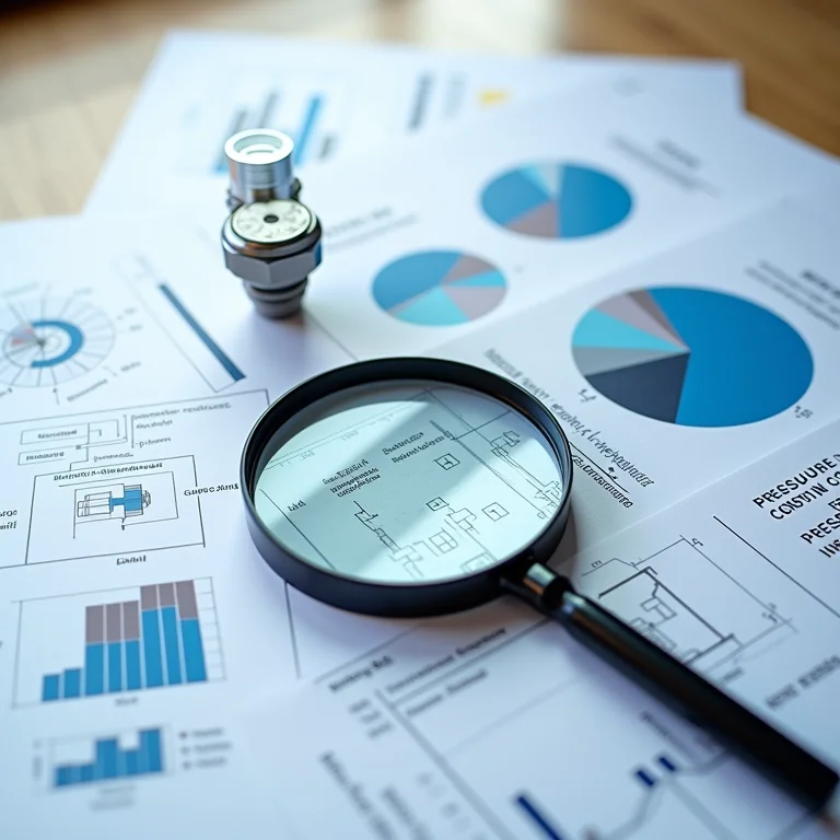 Folhas de dados técnicos e diagramas de um pressostato com lupa