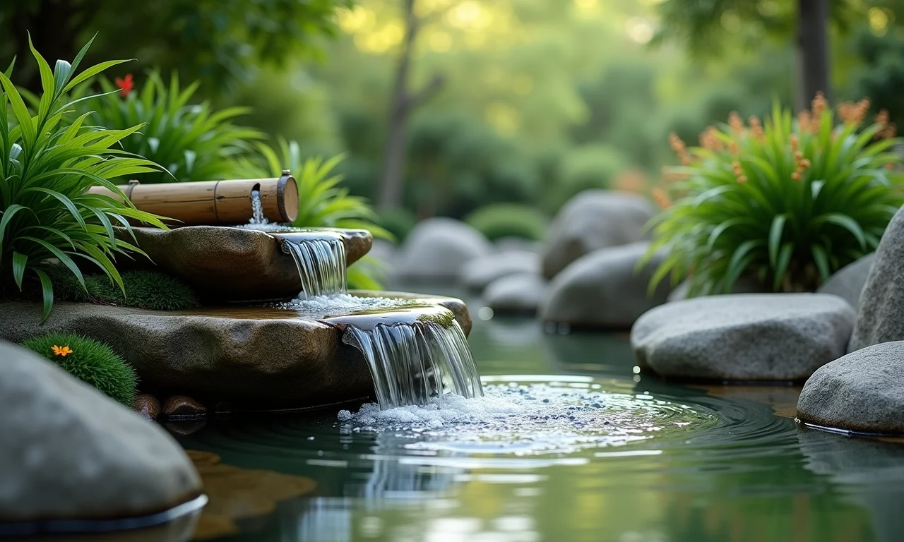 Fonte de água de bambu em um jardim japonês com pedras lisas.