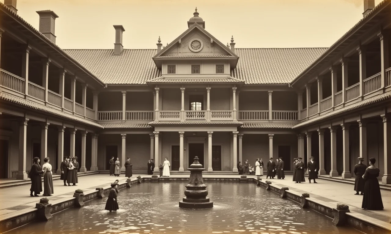 Fotografia antiga de um balneário público do século XIX.