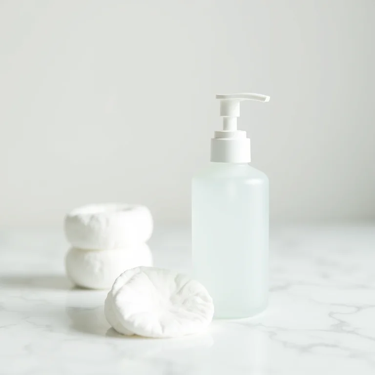 Frasco de água oxigenada ao lado de discos de algodão sobre superfície de mármore.