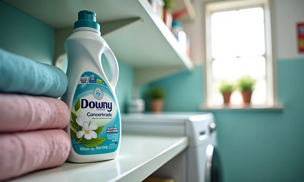 Frasco de Amaciante Downy Concentrado em prateleira de lavanderia.