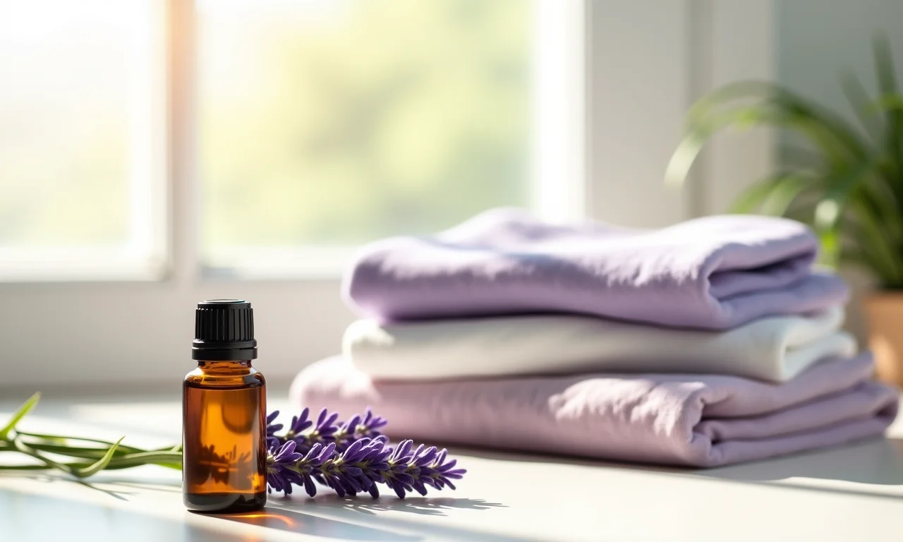 Frasco de óleo essencial de lavanda ao lado de roupas dobradas, perfumando e protegendo.