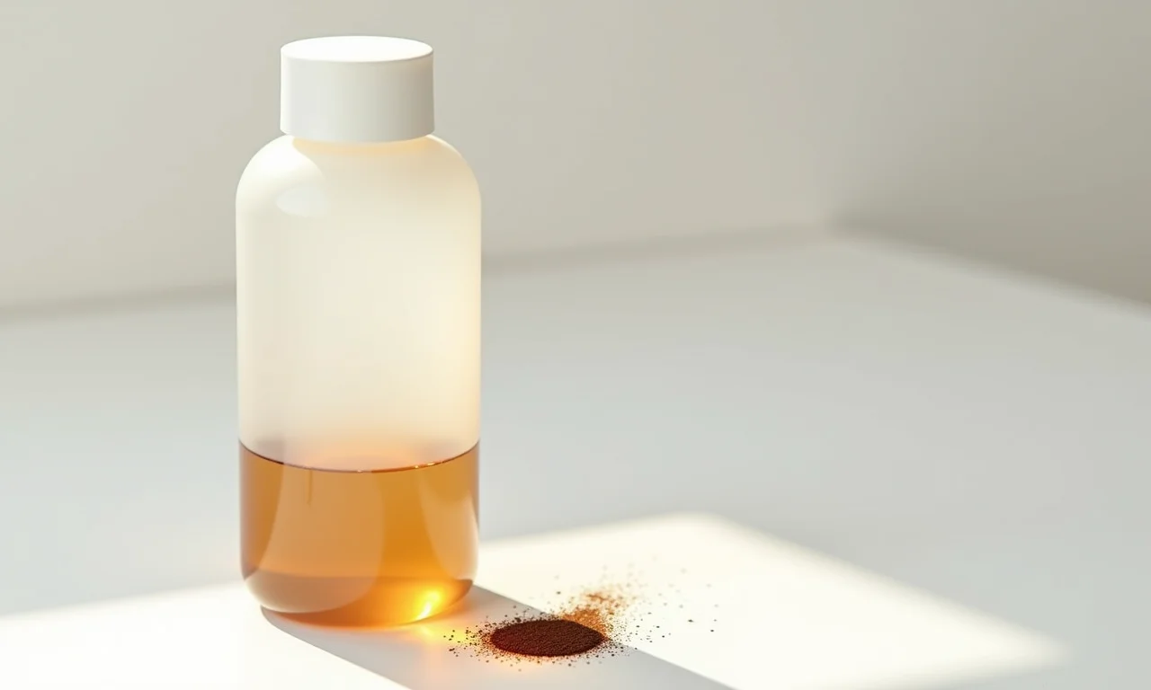 Frasco de removedor de manchas Veja com mancha de café em superfície branca.