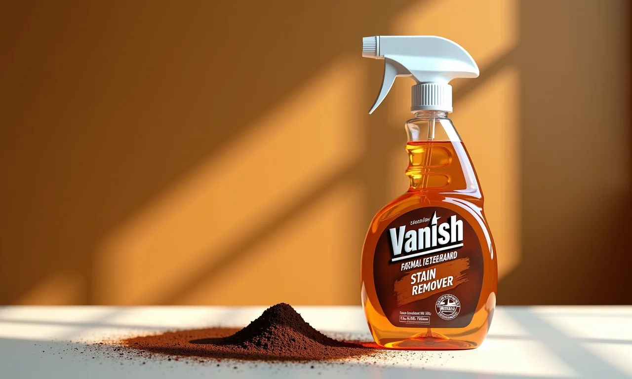 Frasco de Vanish ao lado de mancha de café.
