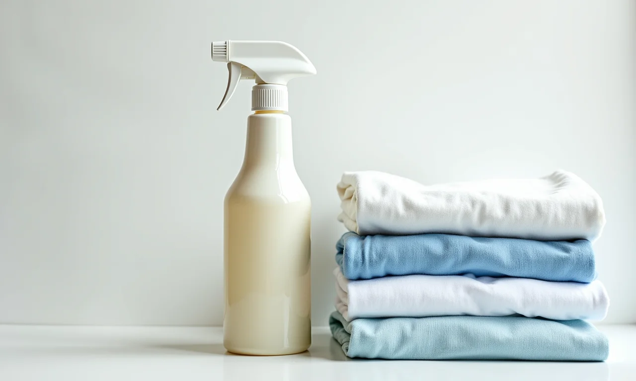 Frasco de vinagre branco ao lado de roupas limpas, representando o toque final contra odores.