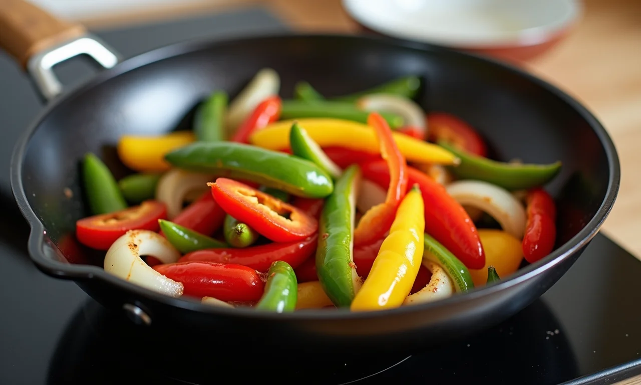 Frigideira antiaderente de cerâmica com legumes veganos.