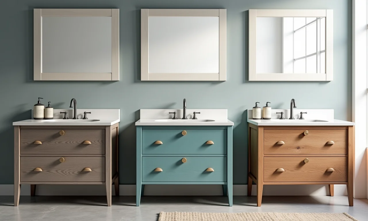 Gabinete de banheiro 60x40 com diferentes acabamentos: cores vibrantes, madeira natural e texturas.