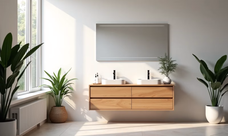 Gabinete de banheiro 60x40 em banheiro moderno com iluminação natural.