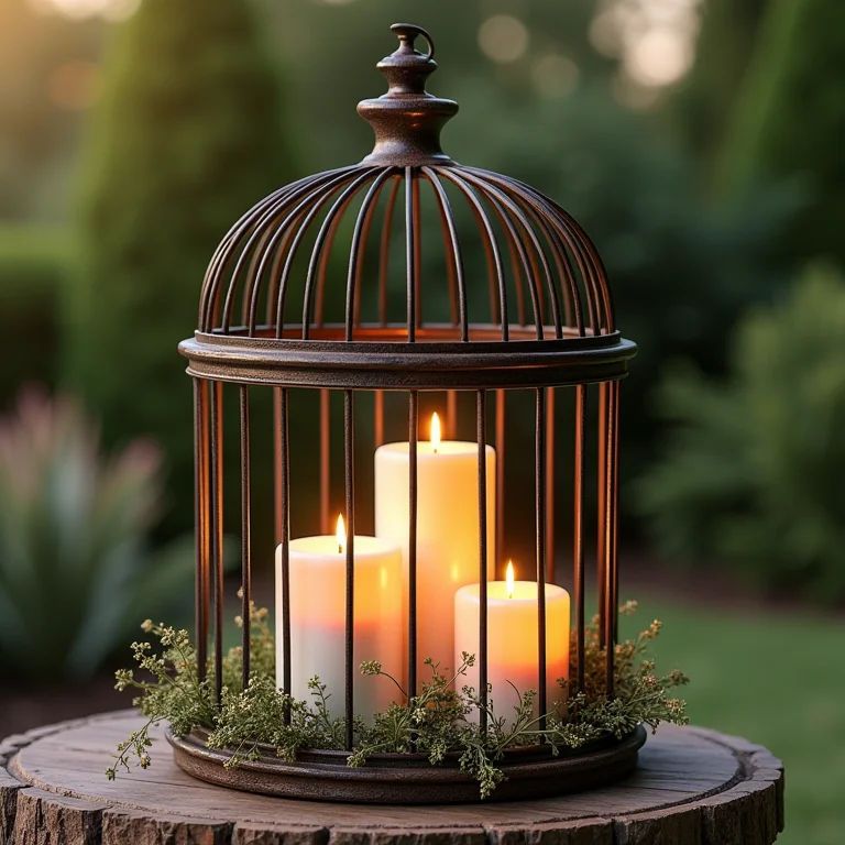 Gaiola com detalhes rústicos e velas.