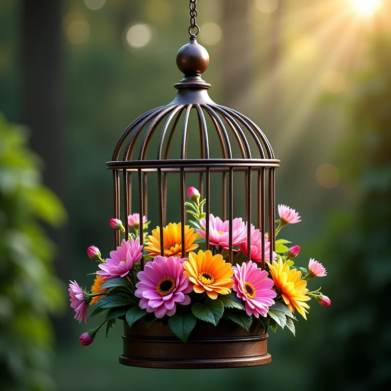 Gaiola de decoração com vasos de flores coloridas