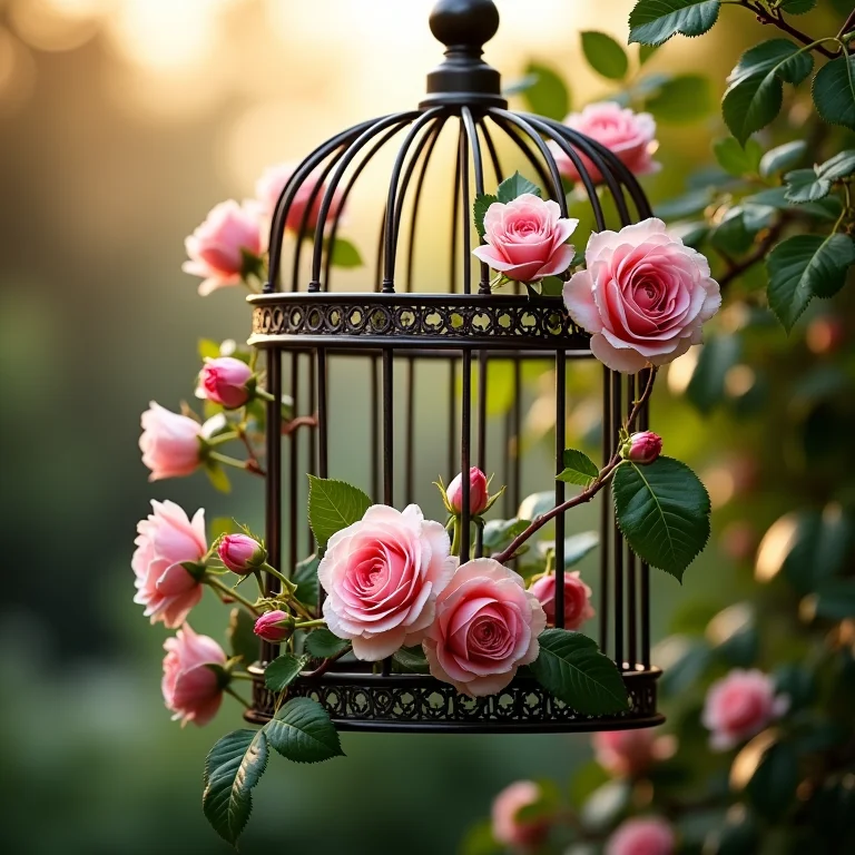 Gaiola decorada com rosas trepadeiras.