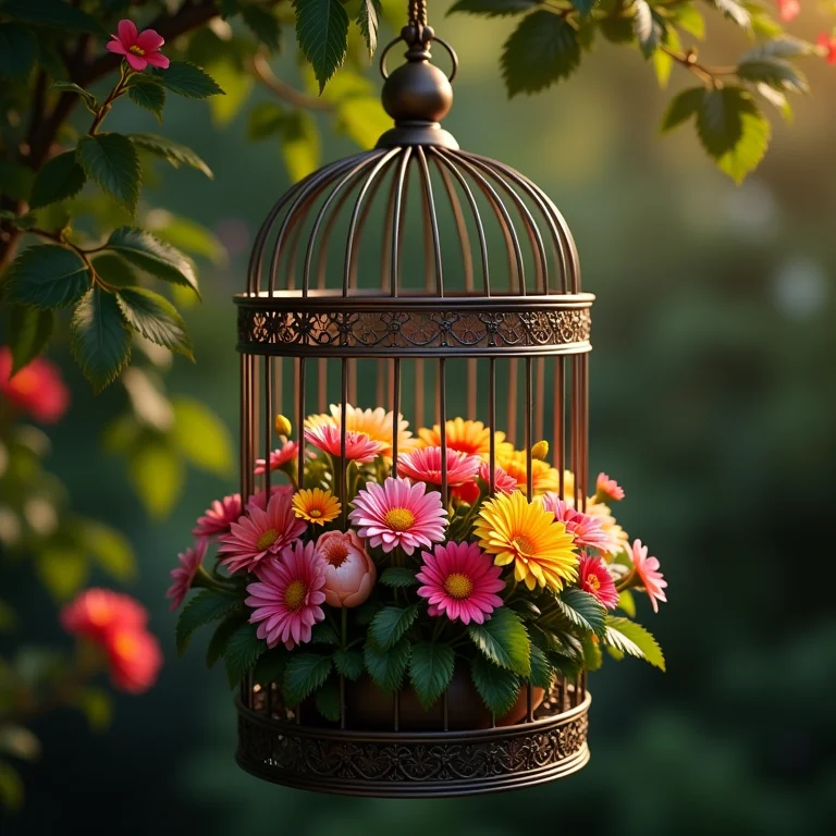 Gaiola decorativa com flores coloridas