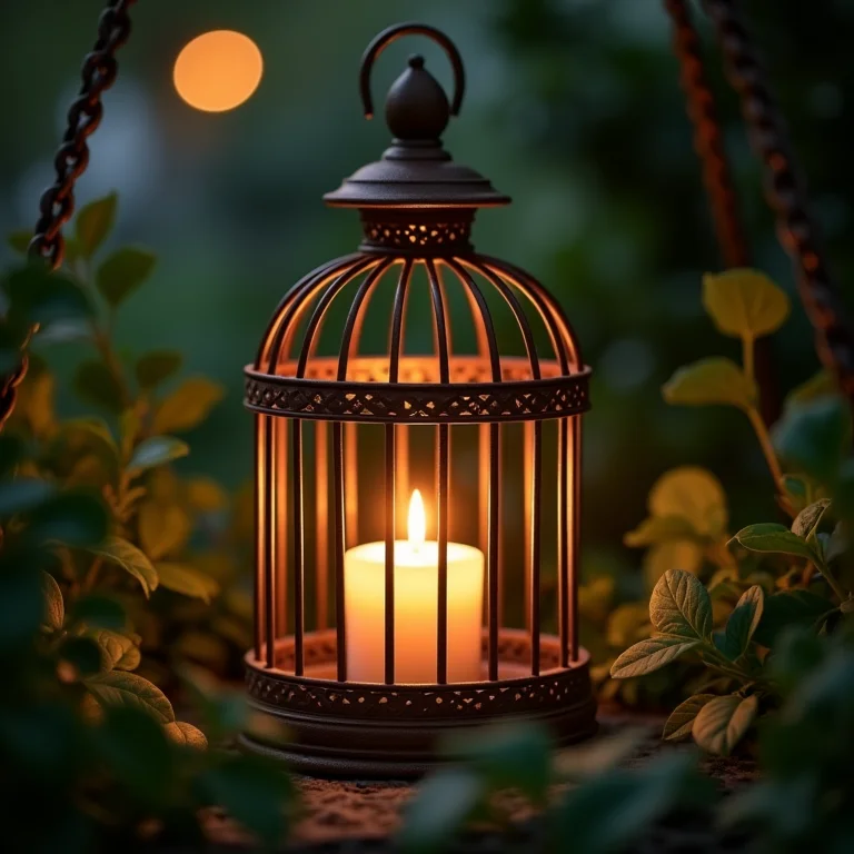 Gaiola transformada em luminária charmosa.