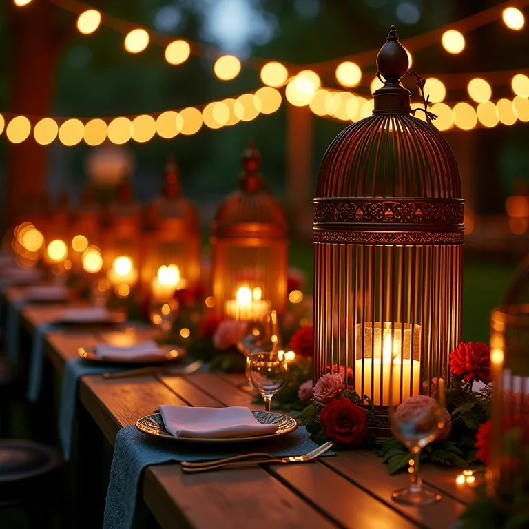 Gaiolas como centros de mesa em festa ao ar livre